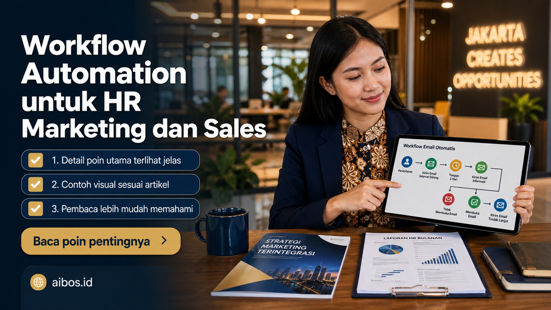 Ilustrasi AI untuk bisnis - Workflow Automation untuk HR Marketing dan Sales