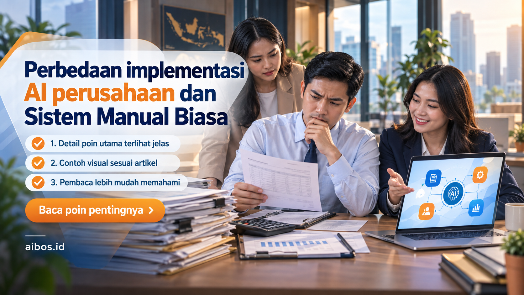 Ilustrasi AI untuk bisnis - Perbedaan implementasi AI perusahaan dan Sistem Manual Biasa